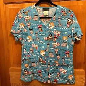 Women’s scrub top.   A Day at the Beach with Dogs and Cats. Healthcare